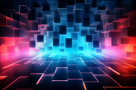 Abstract geometric background sci fi construction of cubes with blue and red neon glowing light. Generative aiの素材