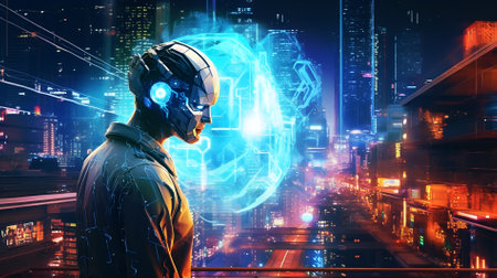 Cyborg man in night cyberpunk city. Futuristic man with huge buildings and neon lighting. Future technology concept with cyborg. Generative aiの素材