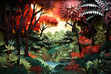 Autumn forest landscape with trees and pond in papercut style. Generative aiの素材