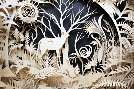 Papercut nature.  Illustration of a tropical forest with deer, ferns and palm trees. Generative aiの素材