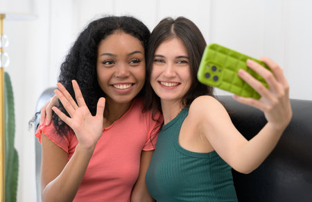 Two smiling young women taking a selfie with mobile phone at home. Caucasian girl in green t-shrit holding smartphone and African female raise a hand waving while sitting on couch.の写真素材