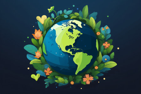 Illustration of planet earth surrounded by leaves and flowers on dark blue background. Generative aiの素材