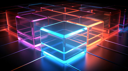 Minimal geometric square cube shape with neon glowing lights on black background. Generative aiの素材