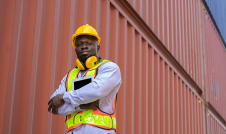 Portrait of African male engineer wearing safety vest with yellow helmet while holding digital tablet and standing in front of red container box at cargo shipping yardの写真素材