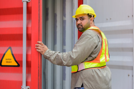 Male container logistic worker in yellow helmet and safety vest opening container door for...