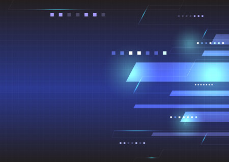 Abstract technology background with glowing blue geometric shapes and lines on a dark blue background illustration vector.のイラスト素材