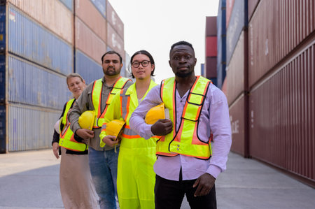 Team of multicultural engineers and workers in yellow vest standing together in shipping cargo...