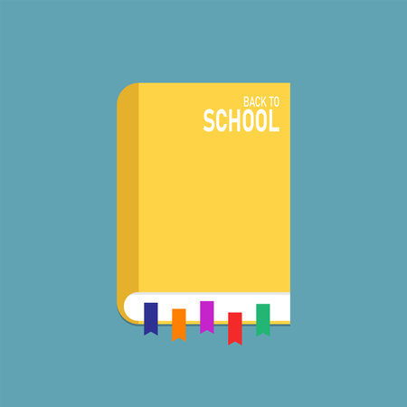 Yellow textbook with back to school text and colorful bookmarks on blue background. Vector illustration in flat design for education and learning conceptのイラスト素材