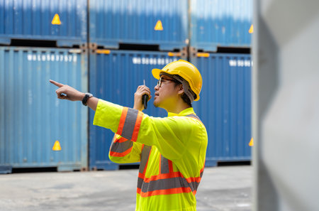 Asian worker in yellow safety helmet and reflective vast using walkie talkie in cargo shipping yard...