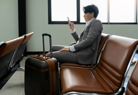 Businessman sitting at airport terminal and checking for flight on mobile phone. Asian man working on smartphone while waiting for plane.の写真素材