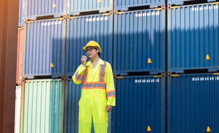Asian worker in yellow safety helmet and reflective vast using walkie talkie in cargo shipping yard...