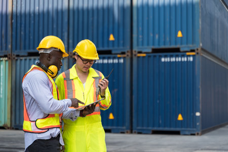 Two workers in safety gear checking loading container documents at cargo shipping site. Asian man...