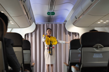 Cabin crew presenting a life jacket vest on board before the flight departure and showing the...