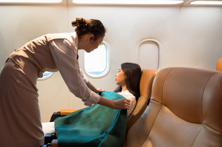 Woman flight attendant gently covering resting female passenger with green blanket inside airplane cabin. Care and service during flight journey.の写真素材
