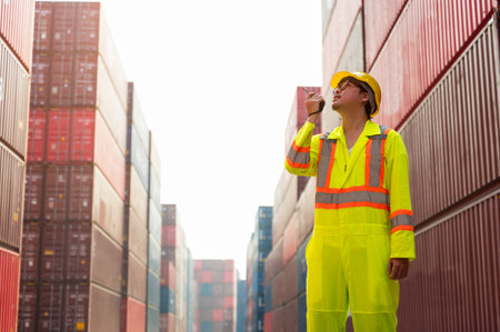 Asian worker in yellow safety helmet and reflective vast using walkie talkie in cargo shipping yard for communication container loading. Man standing in front of red shipping containers.の写真素材