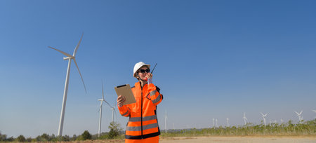 Wind farm woman technician in bright orange safety vest and white helmet holding digital tablet and...