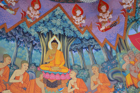 Buddha s biography painting on wall of temple, wat kiriwong nakhonsawan thailandのeditorial素材