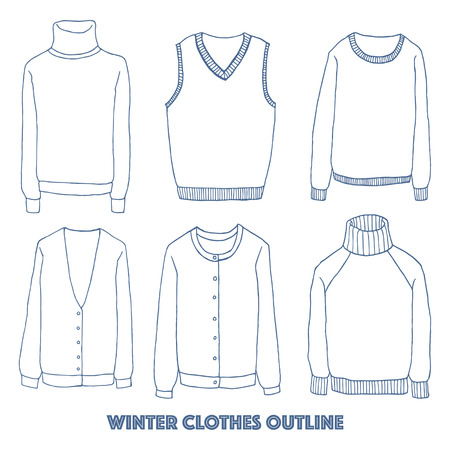 Winter clothes set,Outline hand drawing doodles, Vector illustration.のイラスト素材