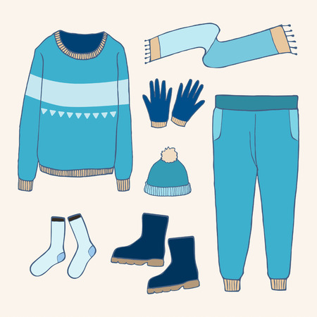 Winter clothes set,Outline hand drawing doodles, Vector illustration.のイラスト素材