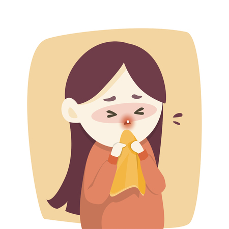 Sick girl has runny nose, caught cold. sneezing into Tissue, flu, Allergy season, Vector illustration.のイラスト素材