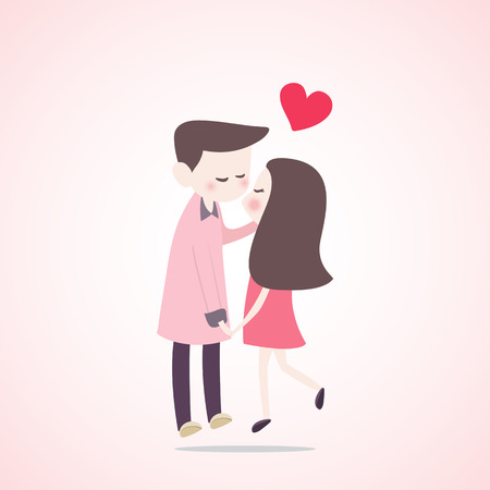 Cute couple in love with red heart shaped, Happy Smiling and kissing together. Cartoon vector illustration.のイラスト素材