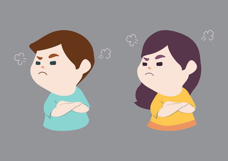 Angry little cute girl and boy with blowing from ears, vector cartoon illustration.のイラスト素材
