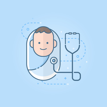 Cute newborn baby icon with the stethoscope, flat symbol design. Vector illustration.のイラスト素材