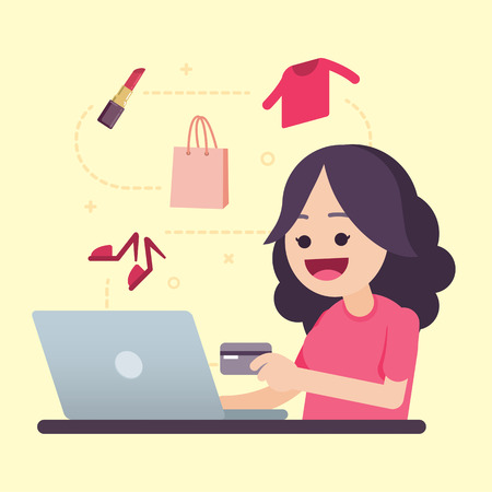 Happy young woman holding credit card doing online shopping at home, vector illustration.のイラスト素材