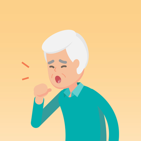 Senior man coughing, sickness allergy concept, Vector flat illustration.のイラスト素材
