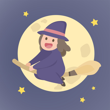 Cute witch girl flying on a broom, Cartoon Halloween holiday, vector illustration on a night background.のイラスト素材