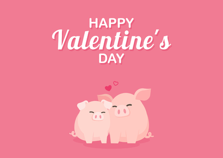 Valentine's Day greeting card with cute pig couples hugging happily, Cartoon vector illustration.のイラスト素材