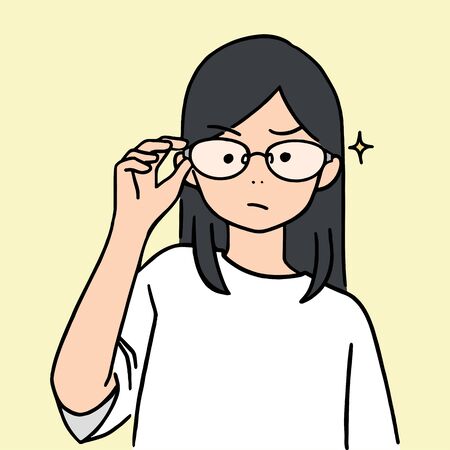 cute young girl lifted glasses up, hand drawn style vector illustration.のイラスト素材