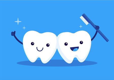 Cute happy white teeth hugging with toothbrush,  cleaning healthy concept, flat vector illustration.