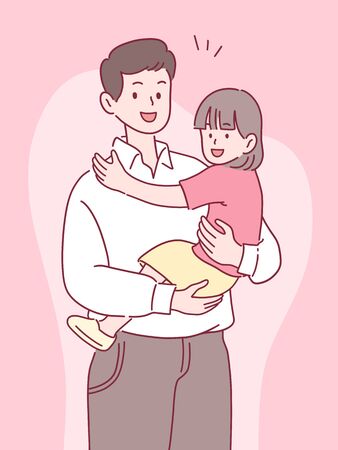 father holding daughter with a smile, happy spending time together, father's day concept, hand-drawn style vector illustration.のイラスト素材