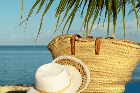 close up beach bag with sea viewの写真素材