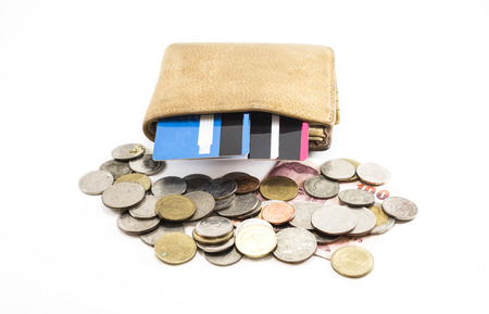 Wallet brown leather with credit card on white background