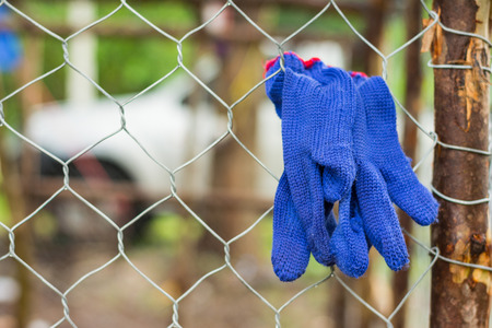 Blue glove for labor at Fence with bokeh background.