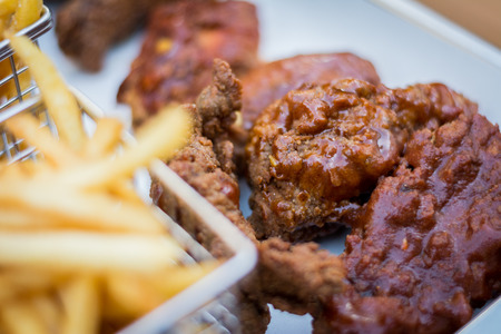 Food set french fries and chicken ,selective focus.