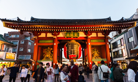 Sensoji temple or Asakusa temple ,TOKYO APRIL 16, 2017 : Sensoji temple or Asakusa temple and blur tourist movement with blue sky after sunset.のeditorial素材