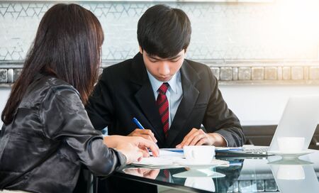 The boss or owner of business documents are signed contracts at the office in business and signcontract conceptの写真素材