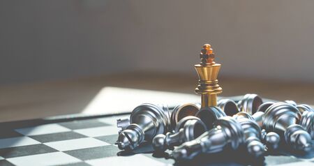 Golden King Chess wins in games with silver chess falling Defeat ed, in concept, business, victory, success and competition On the chess board with copy space selective focus at Golden King Chessの写真素材