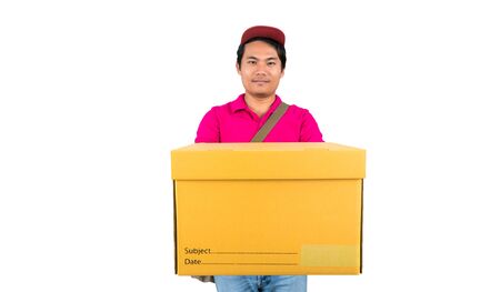 Young Asian Men delivery Services Carrying parcels on the chase and Shoulder Bag delivery service concept on dicut with Clipping path on white backgroundの写真素材