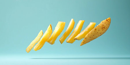 Discover a set of floating slices of fresh pineapple against a light blue background, evoking creativity and healthy living for culinary projects and vibrant designs.の素材