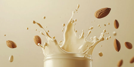 Captivating image of creamy almond milk splashing from a glass jar, surrounded by almond nuts, showcasing a refreshing and dairy-free beverage option.の素材
