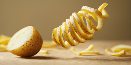 A creative food photography image showcasing a floating potato with a spiral peel, complemented by a half potato, highlighting fresh ingredients in a charming kitchen setting.の素材