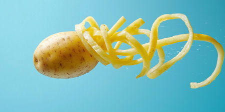 A freshly peeled potato spirals gracefully against a bright blue backdrop, showcasing creativity in food preparation and inspiring culinary art enthusiasts.の素材
