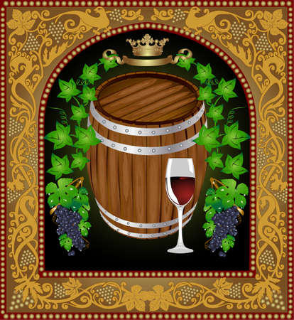 there is a barrel of wine with grape into old pattern frameのイラスト素材