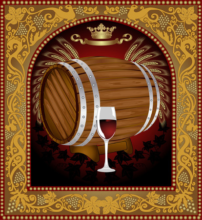 there is a barrel of wine with grape into old pattern frameのイラスト素材