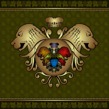 grape heraldic label with lion head and patternのイラスト素材