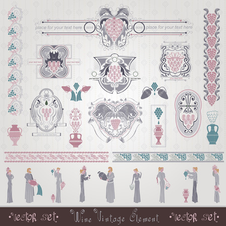 wine label set with grapes and peolpleのイラスト素材